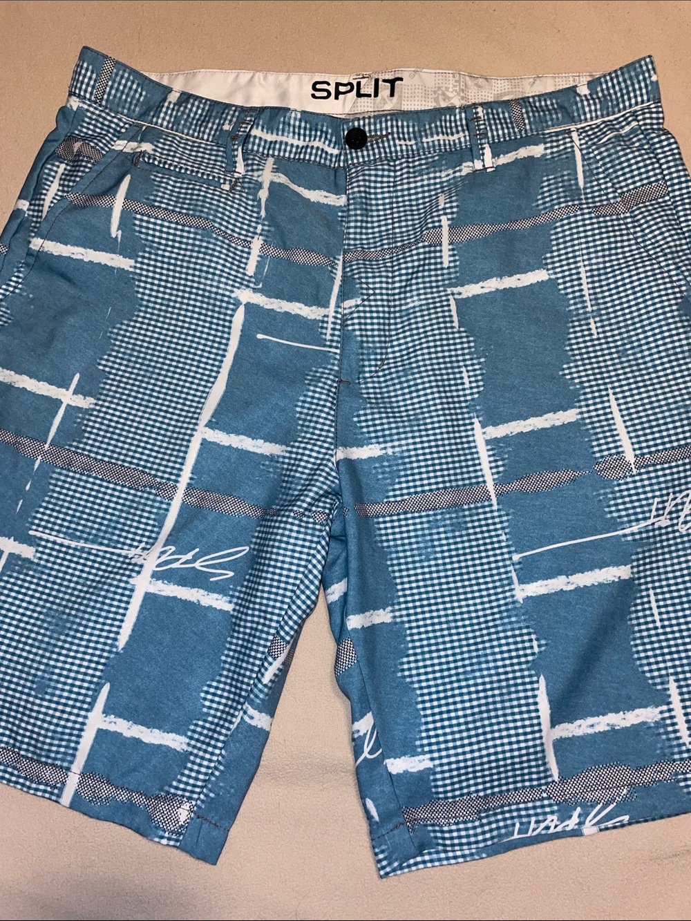 Split Teal and White Graphic Patchwork Shorts 36 Board Shorts